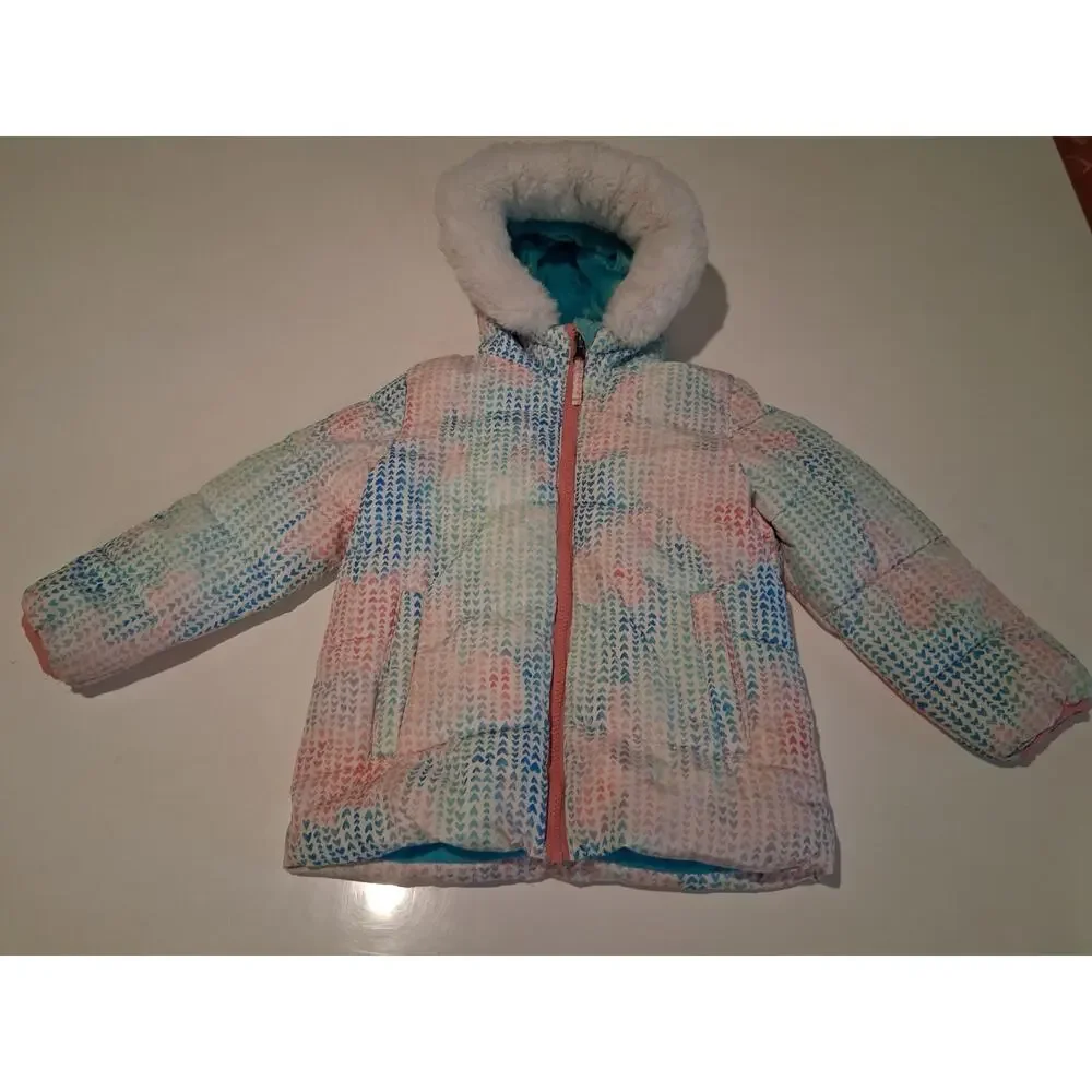Snozu Girls Puffer Jacket Size 5 Pink Blue Heart Pattern Fleece Lined Hooded...